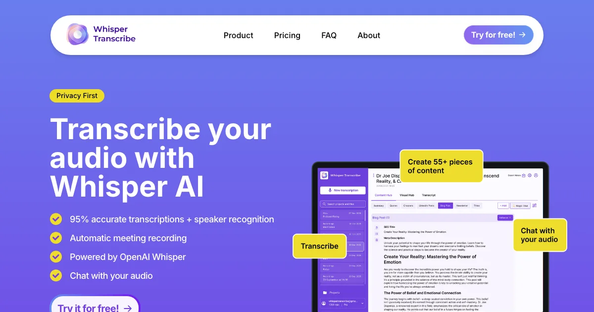 View WhisperTranscribe's affiliate program details and commission rates WhisperTranscribe - AI Affiliate Program Screenshot